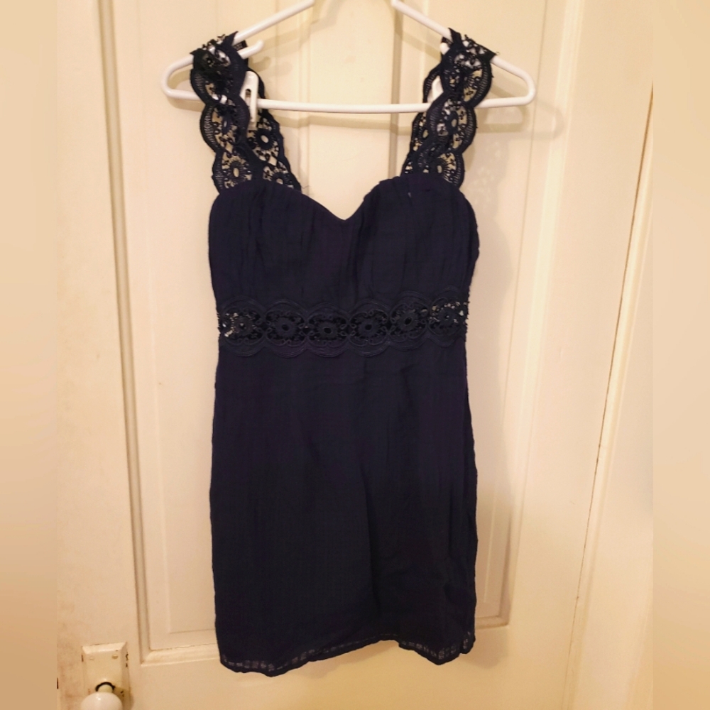 Navy Lace-Trim Mini Dress with Sweetheart Neckline